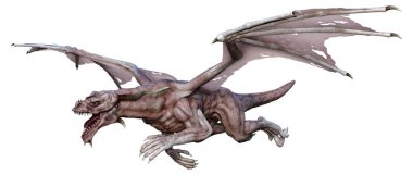 Beyaz arka planda izole edilmiş bir fantezi ejderhanın 3 boyutlu canlandırması