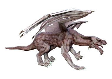 Beyaz arka planda izole edilmiş bir fantezi ejderhanın 3 boyutlu canlandırması