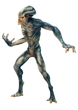 Beyaz arka planda izole edilmiş mavi bir uzaylının 3 boyutlu görüntüsü