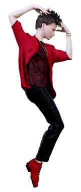 Beyaz arka planda tek başına dans eden bir gencin 3 boyutlu görüntüsü.