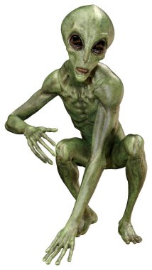 Beyaz arka planda izole edilmiş yeşil bir uzaylının 3 boyutlu görüntüsü