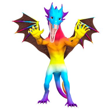 Beyaz arka planda izole edilmiş bir fantezi ejderhanın 3 boyutlu canlandırması