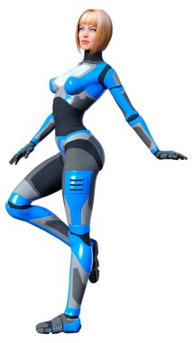 Beyaz arka planda izole edilmiş bir kadın robotun 3 boyutlu canlandırması