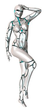 Beyaz arka planda izole edilmiş bir kadın robotun 3 boyutlu canlandırması