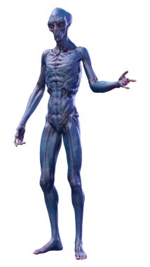 Beyaz arka planda izole edilmiş mavi bir uzaylının 3 boyutlu görüntüsü