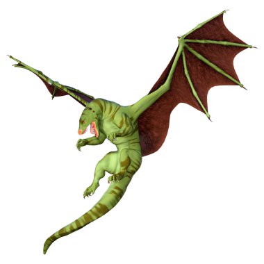 Beyaz arka planda izole edilmiş bir fantezi ejderhanın 3 boyutlu canlandırması