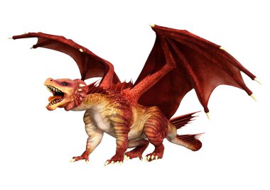 Beyaz arka planda izole edilmiş bir fantezi ejderhanın 3 boyutlu canlandırması