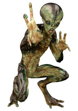 Beyaz arka planda izole edilmiş yeşil bir uzaylının 3 boyutlu görüntüsü