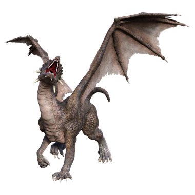 Beyaz arka planda izole edilmiş bir fantezi ejderhanın 3 boyutlu canlandırması