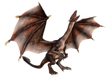 Beyaz arka planda izole edilmiş bir fantezi ejderhanın 3 boyutlu canlandırması