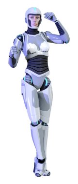 Beyaz arka planda izole edilmiş bir kadın robotun 3 boyutlu canlandırması