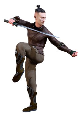 Beyaz arka planda kung fu yapan Asyalı genç bir adamın 3 boyutlu görüntüsü.