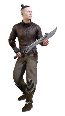 Beyaz arka planda kung fu yapan Asyalı genç bir adamın 3 boyutlu görüntüsü.