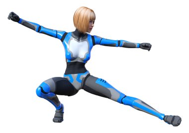 Beyaz arka planda izole edilmiş bir kadın robotun 3 boyutlu canlandırması