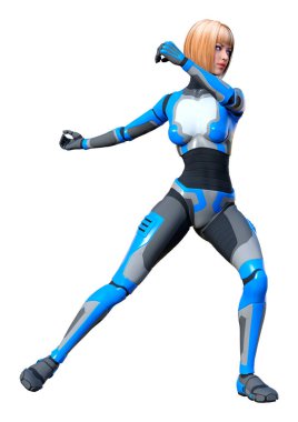 Beyaz arka planda izole edilmiş bir kadın robotun 3 boyutlu canlandırması