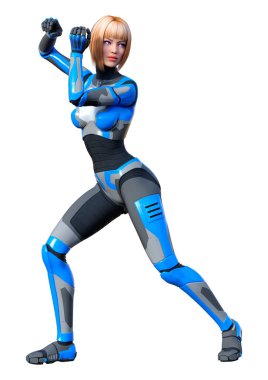 Beyaz arka planda izole edilmiş bir kadın robotun 3 boyutlu canlandırması