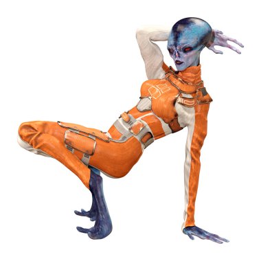 Beyaz arka planda izole edilmiş mavi dişi bir uzaylının 3 boyutlu görüntüsü