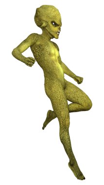 Beyaz arka planda izole edilmiş yeşil bir uzaylının 3 boyutlu görüntüsü