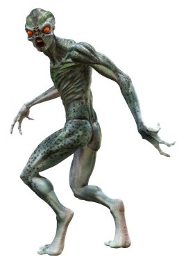 Beyaz arka planda izole edilmiş yeşil bir uzaylının 3 boyutlu görüntüsü