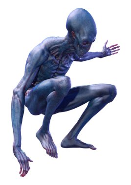 Beyaz arka planda izole edilmiş mavi erkek bir uzaylının 3 boyutlu görüntüsü