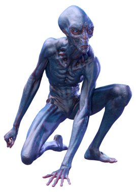 Beyaz arka planda izole edilmiş mavi erkek bir uzaylının 3 boyutlu görüntüsü