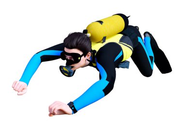 Beyaz arka planda izole edilmiş genç bir erkek dalgıcın 3D görüntüsü