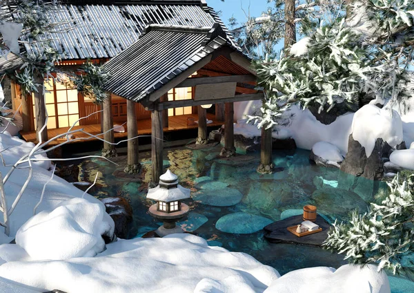 Rendering Japanese Winter Spa — Stock Photo, Image