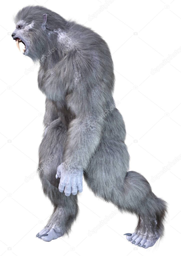 3D rendering of a snow beast creature or a Bigfoot isolated on white background