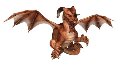 Beyaz arka planda izole edilmiş bir fantezi ejderhanın 3 boyutlu canlandırması