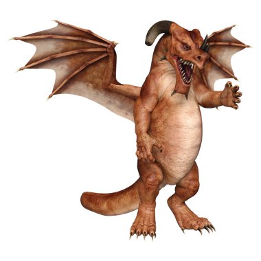 Beyaz arka planda izole edilmiş bir fantezi ejderhanın 3 boyutlu canlandırması