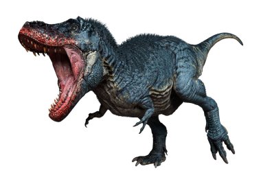 Beyaz zemin üzerinde izole edilmiş bir dinozor Tyrannosaurus Rex 'in 3D görüntüsü
