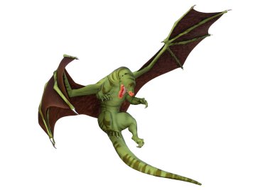 Beyaz arka planda izole edilmiş bir fantezi ejderhanın 3 boyutlu canlandırması