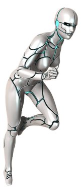 Beyaz arka planda izole edilmiş bir kadın robotun 3 boyutlu canlandırması