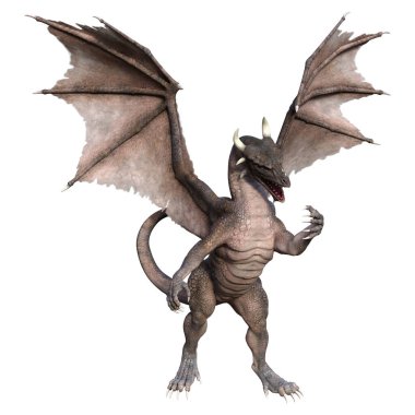 Beyaz arka planda izole edilmiş bir fantezi ejderhanın 3 boyutlu canlandırması