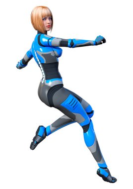 Beyaz arka planda izole edilmiş bir kadın robotun 3 boyutlu canlandırması