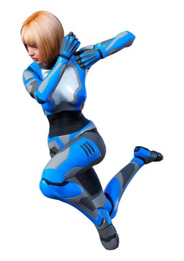 Beyaz arka planda izole edilmiş bir kadın robotun 3 boyutlu canlandırması