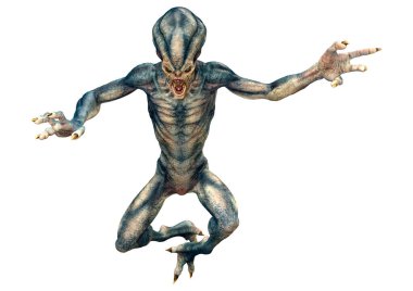 Beyaz arka planda izole edilmiş mavi erkek bir uzaylının 3 boyutlu görüntüsü