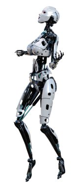 Beyaz arka planda izole edilmiş bir kadın robotun 3 boyutlu canlandırması