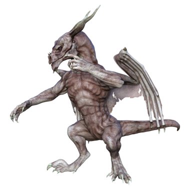 Beyaz arka planda izole edilmiş bir fantezi ejderhanın 3 boyutlu canlandırması