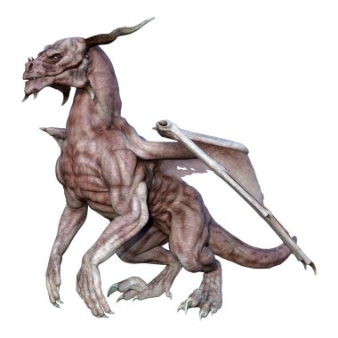 Beyaz arka planda izole edilmiş bir fantezi ejderhanın 3 boyutlu canlandırması