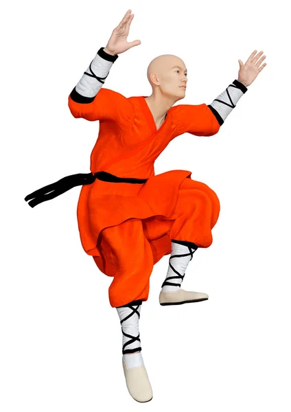 少林寺僧人在白色背景下运动的3D渲染 — 图库照片