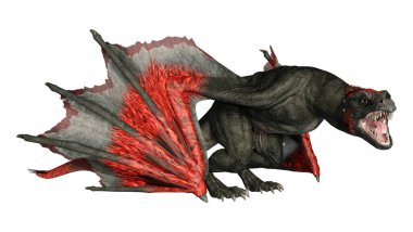 Beyaz arka planda izole edilmiş bir fantezi ejderhanın 3 boyutlu canlandırması