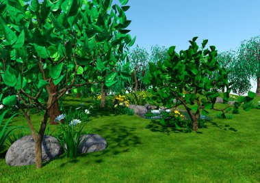 Bir karikatür gölet manzarasının 3 boyutlu canlandırması