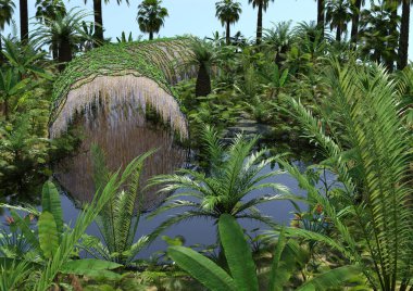 Tropikal nehir manzarasının 3 boyutlu yansıması