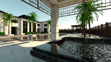 Üç boyutlu bir lüks ev ve dışarıda bir havuz.