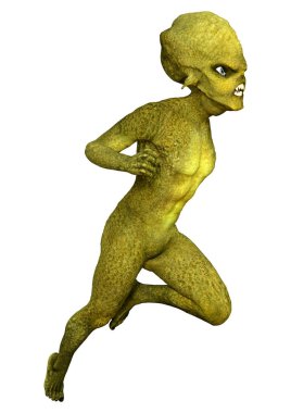 Beyaz arka planda izole edilmiş yeşil bir uzaylının 3 boyutlu görüntüsü