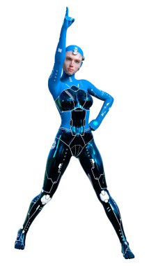 Beyaz arka planda izole edilmiş bir kadın robotun 3 boyutlu canlandırması