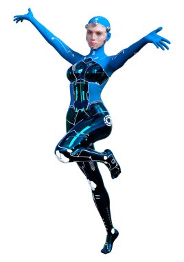 Beyaz arka planda izole edilmiş bir kadın robotun 3 boyutlu canlandırması