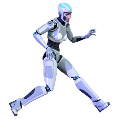 Beyaz arka planda izole edilmiş bir kadın robotun 3 boyutlu canlandırması