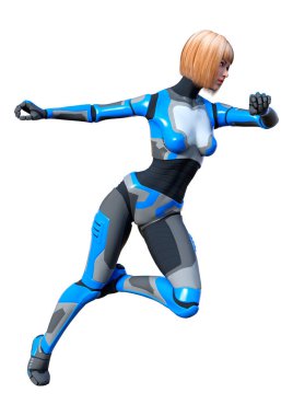 Beyaz arka planda izole edilmiş bir kadın robotun 3 boyutlu canlandırması